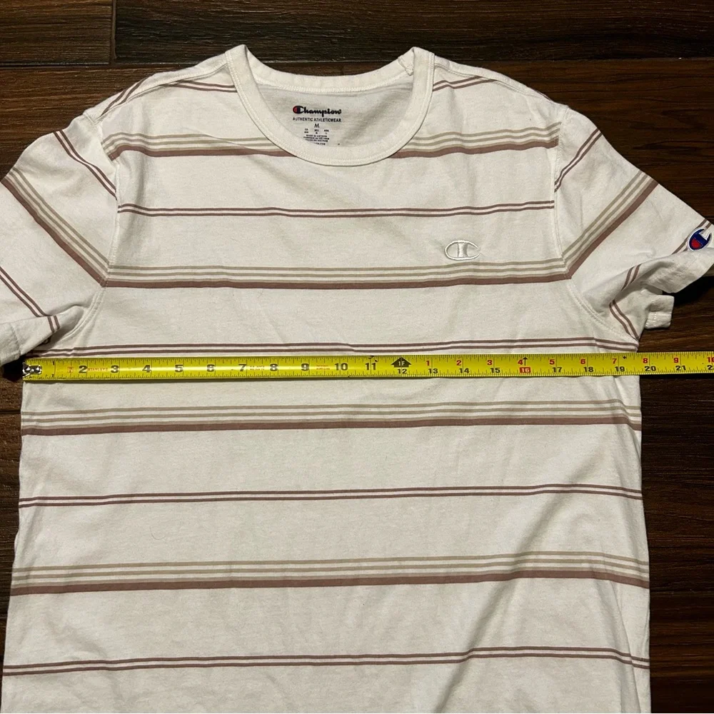 Champion Men’s Short‎ Sleeve Shirt Medium White with Brown Tan horizantal lines - Picture 10 of 10